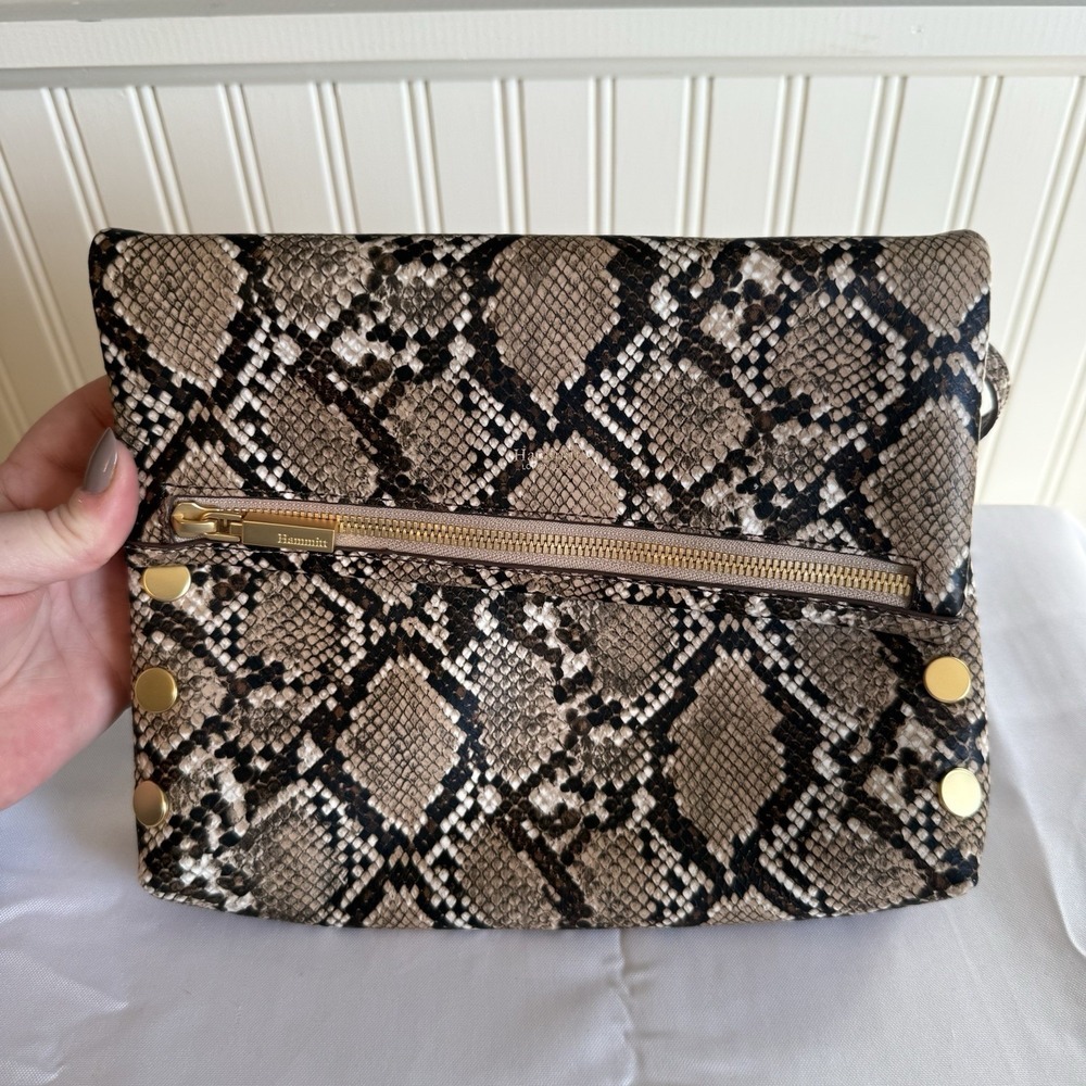 Hammitt VIP Medium Domino Snake Leather Crossbody Bag Clutch Purse Black Brown